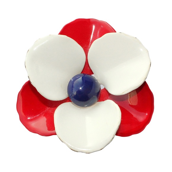 Vintage Patriotic Flower Brooch Red White Blue Enamel Large Floral Retro 1960s - Picture 1 of 5